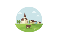 Pastoral scene featuring a church, cow, and houses in a mini Product Image 1