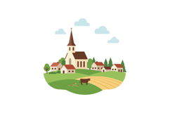 Charming rural village scene with church, fields, and cows i Product Image 1
