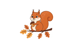 Cute squirrel holding an acorn on a branch with autumn leave Product Image 1