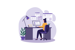 Woman working at a desk with computer and plant in a flat di Product Image 1