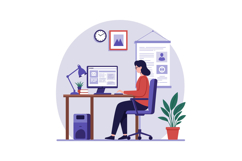 Woman working at a desk with computer and plants in a flat v Product Image 1