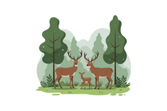 Deer family standing together in a lush green forest with fl Product Image 1