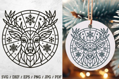 Create festive Christmas décor with this geometric deer snowflake SVG! Perfect for ornaments, cards, mugs, t-shirts, and holiday craft projects. Stunning stained glass reindeer design with snowflakes adds charm to any winter celebration.