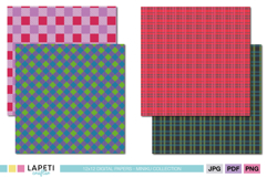Plaid pattern papers in pink blue green and purple tones