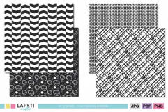 Modern monochrome scrapbook papers featuring high contrast geometric and abstract repeating patterns.