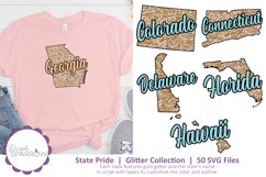 Georgia, Colorado, Connecticut, Delaware, Florida, and Hawaii each featuring gold glitter and the state name in lovely script lettering