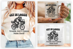 Get in Loser SVG, Raccoon Clipart, Funny Animal SVG, Mischief Shirt Design, Cycling Raccoon PNG, Biker Raccoon SVG, Funny Quote SVG, Animal Mischief Clipart, Raccoon on Bike, Funny SVG Bundle