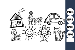Childlike hand-drawn family house sun flower cat car simple Product Image 1