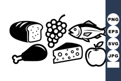 Food icons set with bread grapes fish chicken cheese apple i Product Image 1