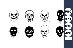 Set of eight monochrome skull icons with horror and creepy s Product Image 1