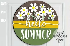Hello Summer Wood Round Sign SVG | Daisy Door Hanger SVG Product Image 1
