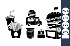 Monochrome Fast Food Truck &amp; Burger Icon Set Product Image 1