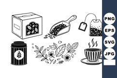 Black Line Art Assorted Tea Elements Vector Set Product Image 1