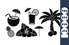 Flat Tropical Summer Vector Silhouettes - Coconut Pineapple Product Image 1