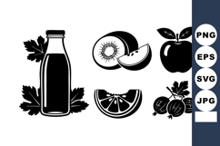 Monochrome Flat Fruit Juice Vector Bottle and Fruits Product Image 1
