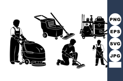 Janitor Icons Set - Mopping Scrubber Cart Silhouettes Product Image 1