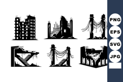 Set of 6 Monochrome Ruined Building Vectors Silhouettes Product Image 1