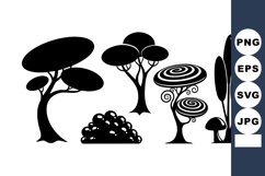 Stylized Silhouette Trees &amp; Bushes with Spiral Trunks Product Image 1