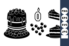 Flat Black Cake Silhouette Vector Set with Slices and Candle Product Image 1