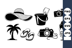 Monochrome Flat Summer Icons - Hat, Bucket, Camera, Palm Product Image 1