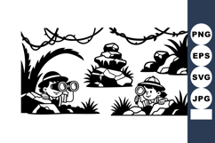 Black and White Jungle Explorer Kids Vector Clipart Product Image 1
