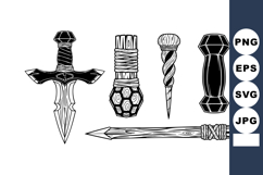 Five Fantasy Ritual Weapons Black White Line Art Product Image 1