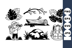 Black and White Camping Vector Boy Explorer with Binoculars Product Image 1