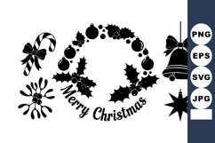 Monochrome Christmas Wreath Clipart with Holly Baubles Bell Product Image 1