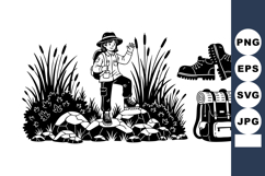 Black White Hiker Girl Camping Clipart Product Image 1