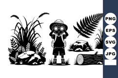 Curly Kid Explorer Silhouette with Binoculars and Forest Product Image 1