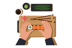 Hands preparing a sushi roll on a wooden board in a minimal Product Image 1