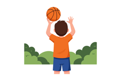 A young boy in an orange shirt preparing to shoot a basketba Product Image 1
