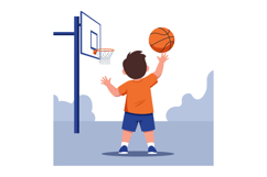 A young boy in an orange shirt shooting a basketball towards Product Image 1