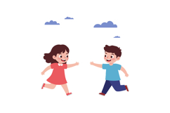 Two children joyfully running towards each other in a playfu Product Image 1