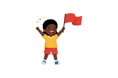 Cheerful boy celebrating with raised arms and a red flag in Product Image 1
