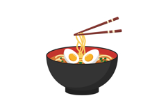 A steaming bowl of ramen with eggs and chopsticks in a flat Product Image 1