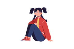 Cheerful girl in a red jacket with pigtails sitting casually Product Image 1