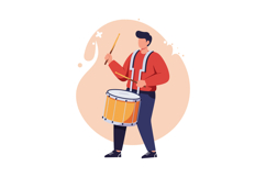 A young man energetically playing a yellow drum in flat vect Product Image 1