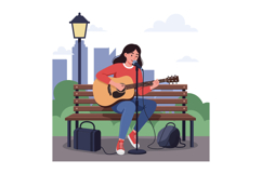 A young woman playing acoustic guitar on a park bench in a f Product Image 1