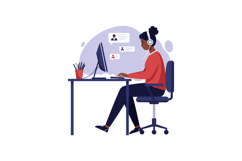 A woman working at a desk with a computer, wearing headphone Product Image 1