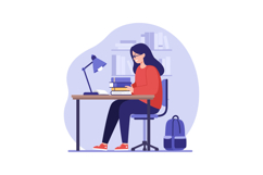 A young woman studying at a desk with books and a lamp in a Product Image 1