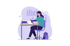 A young woman studying at a desk surrounded by books in a fl Product Image 1