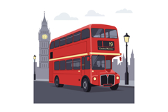 Classic red double-decker bus traveling past Big Ben in flat Product Image 1