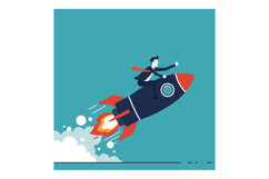 Businessman soaring through the sky on a rocket in a flat ve Product Image 1