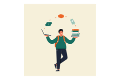 Student balancing books and laptop while juggling messages i Product Image 1