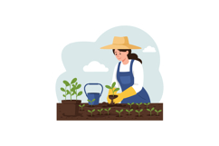 Woman in straw hat gardening and planting seedlings in soil Product Image 1