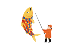 A fisherman in orange rain gear proudly holding a large colo Product Image 1