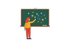 Woman in orange sweater pointing at colorful stars on chalkb Product Image 1