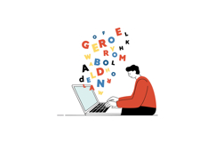 Man in red sweater typing on laptop with colorful letters fl Product Image 1