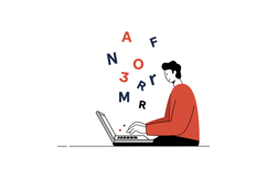 Young man typing on laptop with colorful letters floating ar Product Image 1